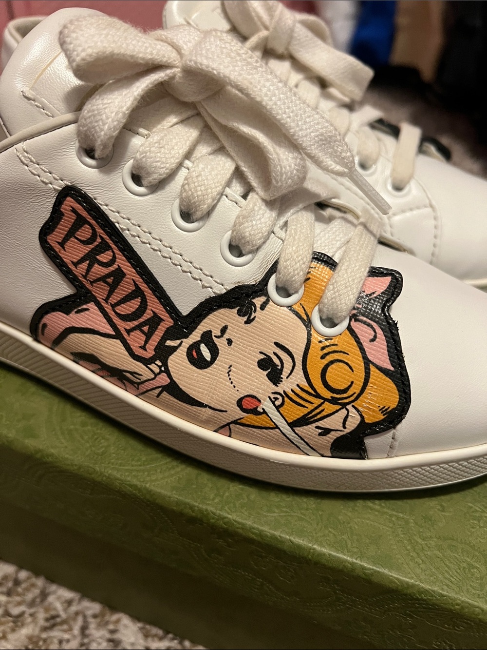 Prada White Leather Sneakers with Pink and Black Graphic